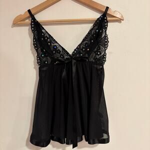 VTG Y2K Sheer Lace Babydoll Lingerie Women Size S Sequin Sheer Black Whimsigoth